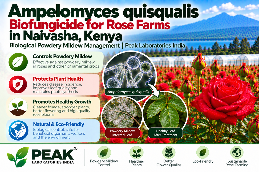 Ampelomyces quisqualis Biofungicide for Rose Farms in Naivasha, Kenya | Biological Powdery Mildew Management | Peak Laboratories India