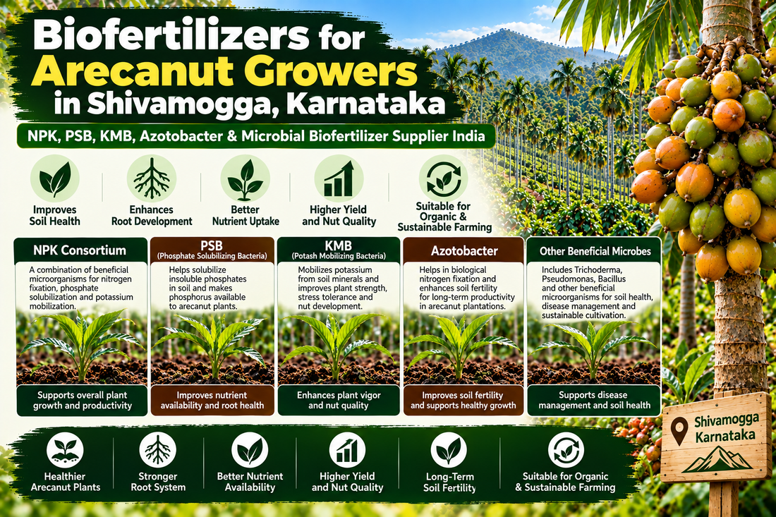 Biofertilizers for Arecanut Growers in Shivamogga, Karnataka | NPK, PSB, KMB, Azotobacter & Microbial Biofertilizer Supplier India