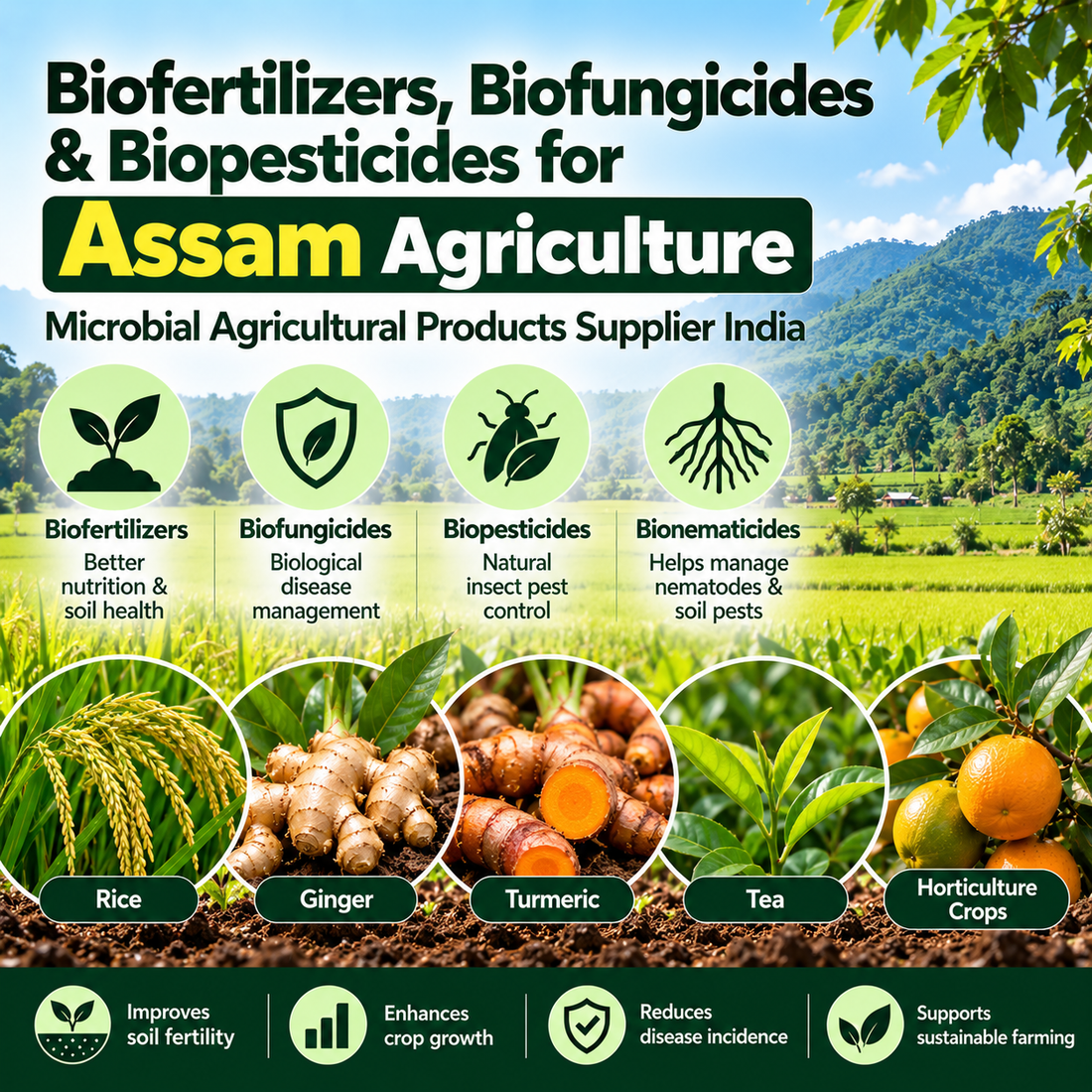 Biofertilizers, Biofungicides & Biopesticides for Assam Agriculture | Microbial Agricultural Products Supplier India
