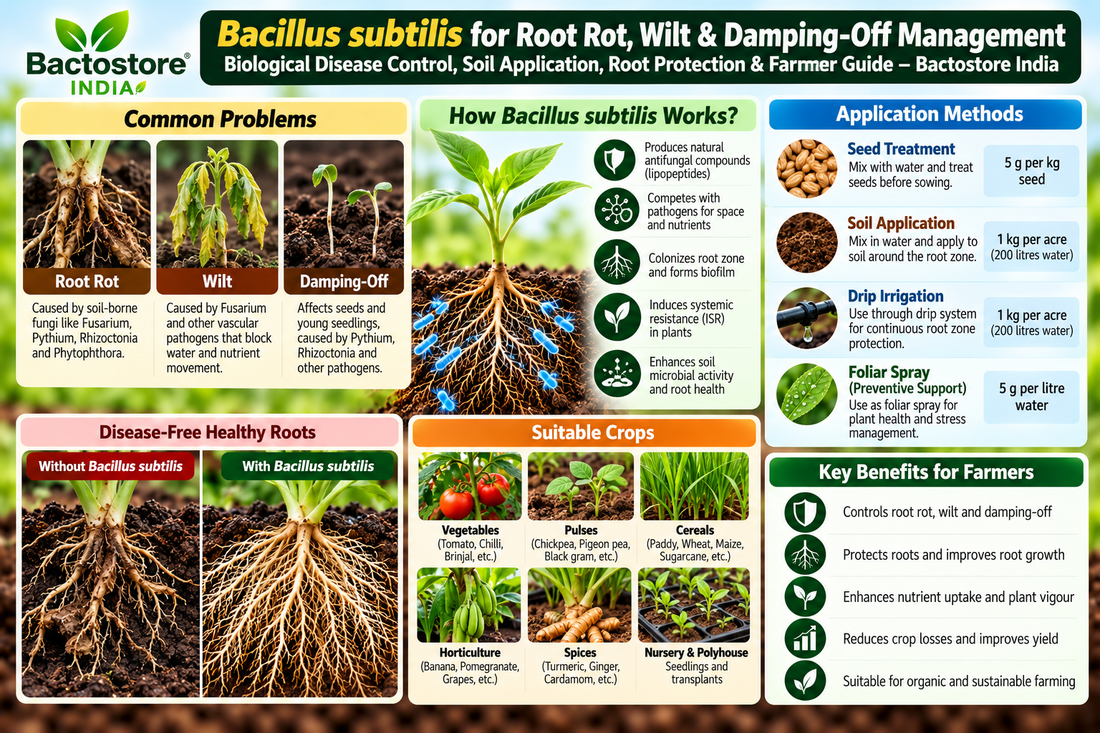 Bacillus subtilis for Root Rot, Wilt & Damping-Off Management | Biological Disease Control, Soil Application, Root Protection & Farmer Guide – Bactostore India
