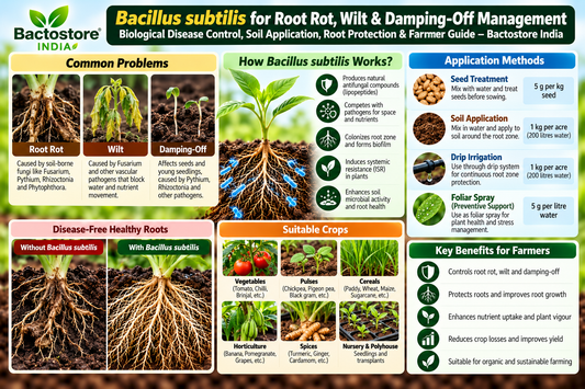 Bacillus subtilis for Root Rot, Wilt & Damping-Off Management | Biological Disease Control, Soil Application, Root Protection & Farmer Guide – Bactostore India