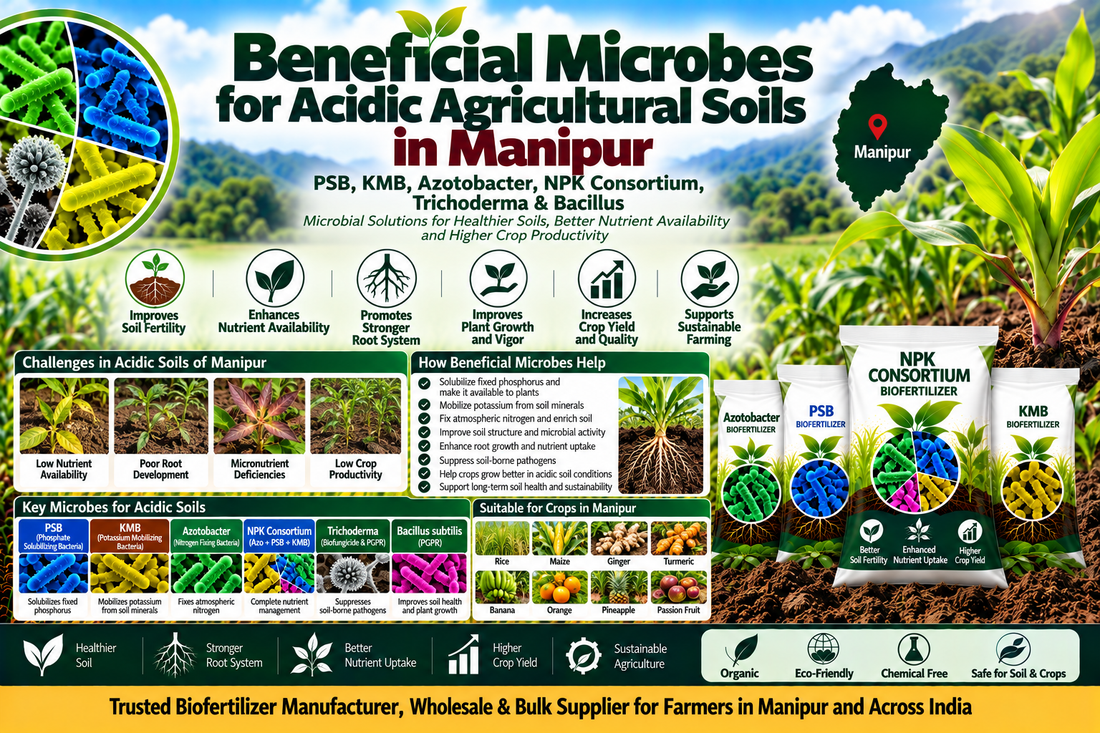 Beneficial Microbes for Acidic Agricultural Soils in Manipur | PSB, KMB, Azotobacter, NPK Consortium, Trichoderma & Bacillus Biofertilizer Manufacturer, Wholesale & Bulk Supplier India
