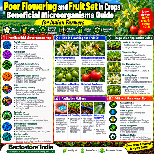 Poor Flowering and Fruit Set in Crops Beneficial Microorganisms Guide for Indian Farmers | How Azotobacter, Azospirillum, PSB, KMB, ZSB, NPK Microbial Consortium, Trichoderma, Pseudomonas fluorescens and Bacillus subtilis