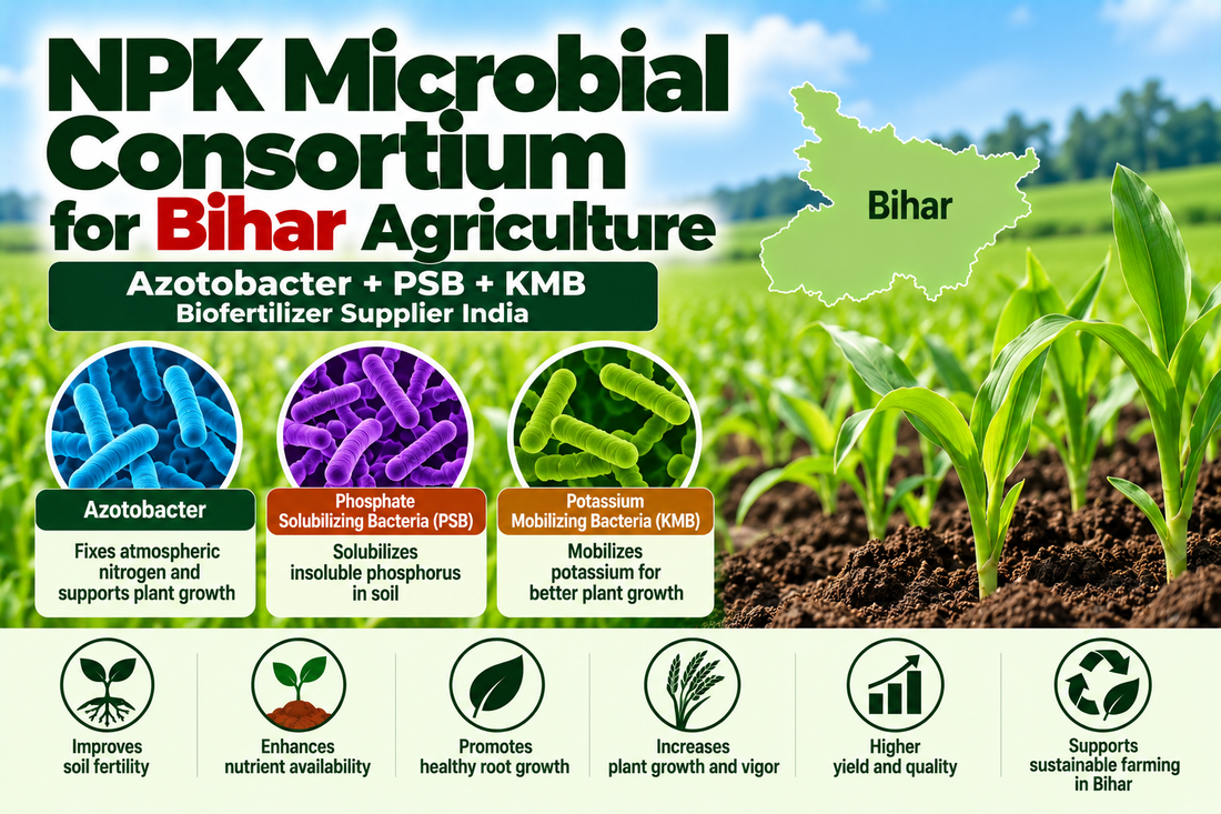 NPK Microbial Consortium for Bihar Agriculture | Azotobacter + PSB + KMB Biofertilizer Supplier India