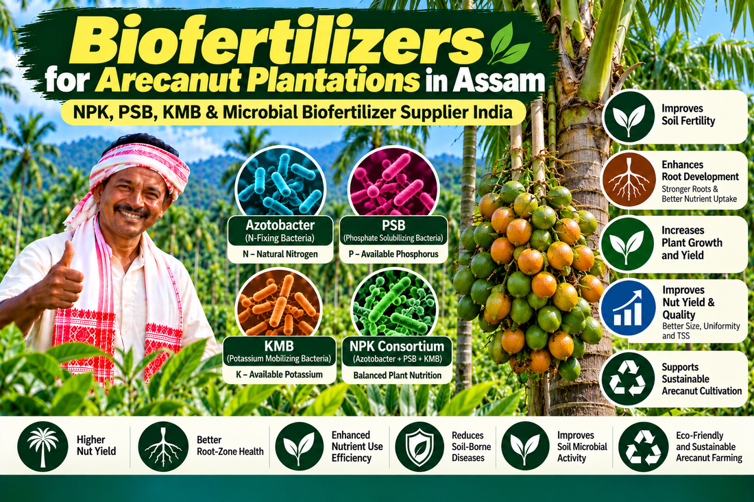 Biofertilizers for Arecanut Plantations in Assam | NPK, PSB, KMB & Microbial Biofertilizer Supplier India