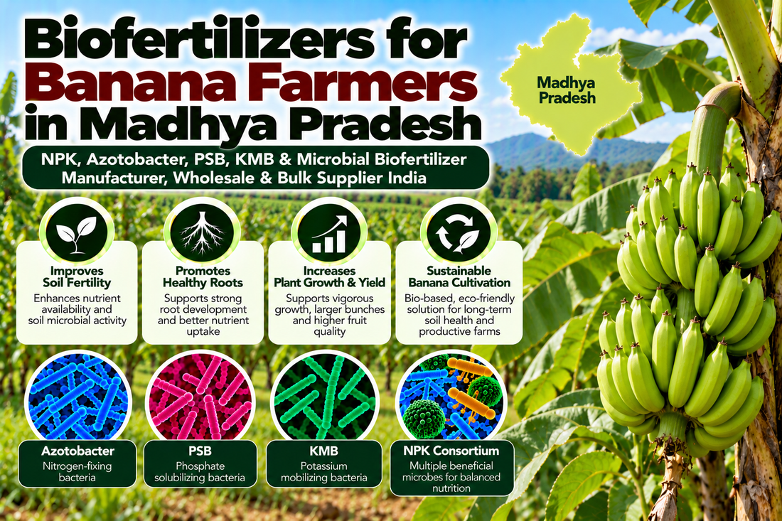 Biofertilizers for Banana Farmers in Madhya Pradesh | NPK, Azotobacter, PSB, KMB & Microbial Biofertilizer Manufacturer, Wholesale & Bulk Supplier India
