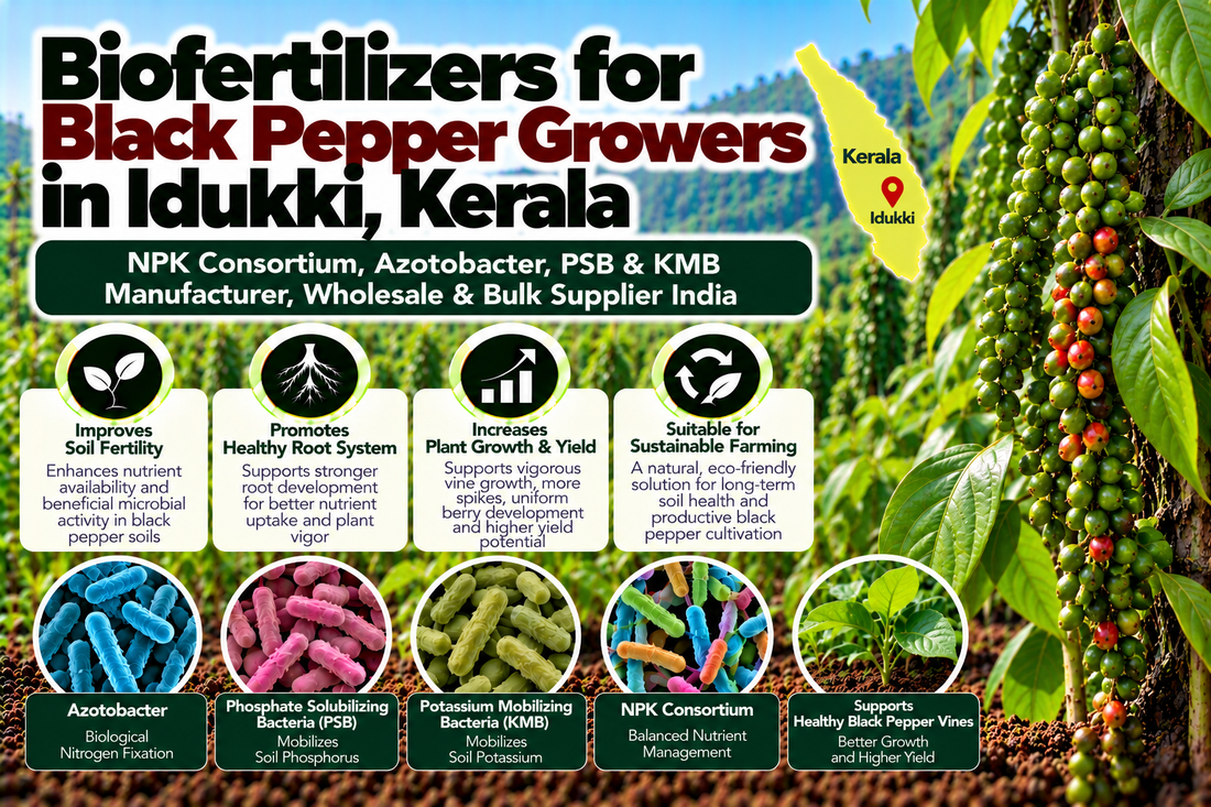 Biofertilizers for Black Pepper Growers in Idukki, Kerala | NPK Consortium, Azotobacter, PSB & KMB Manufacturer, Wholesale & Bulk Supplier India