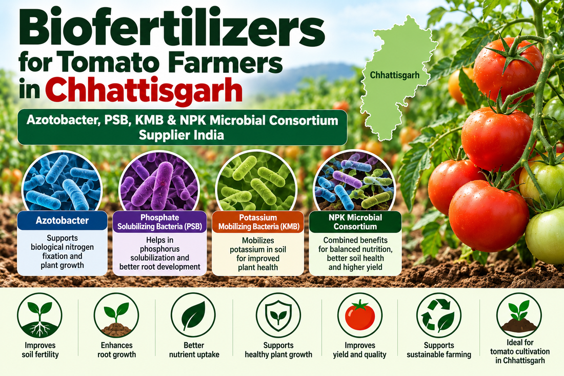 Biofertilizers for Tomato Farmers in Chhattisgarh | Azotobacter, PSB, KMB & NPK Microbial Consortium Supplier India