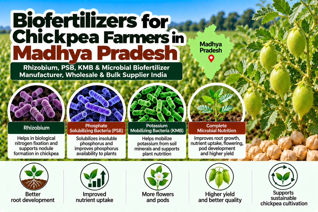 Biofertilizers for Chickpea Farmers in Madhya Pradesh | Rhizobium, PSB, KMB & Microbial Biofertilizer Manufacturer, Wholesale & Bulk Supplier India