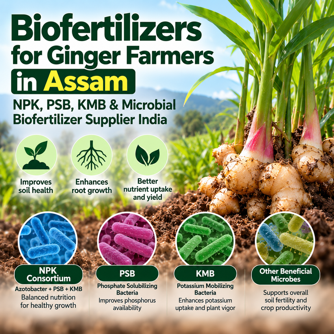 Biofertilizers for Ginger Farmers in Assam | NPK, PSB, KMB & Microbial Biofertilizer Supplier India