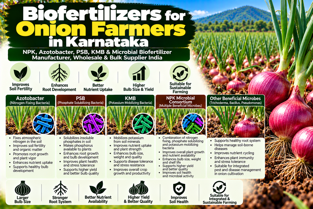Biofertilizers for Onion Farmers in Karnataka | NPK, Azotobacter, PSB, KMB & Microbial Biofertilizer Manufacturer, Wholesale & Bulk Supplier India