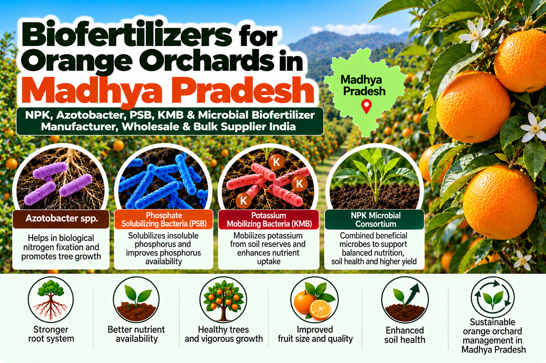 Biofertilizers for Orange Orchards in Madhya Pradesh | NPK, Azotobacter, PSB, KMB & Microbial Biofertilizer Manufacturer, Wholesale & Bulk Supplier India