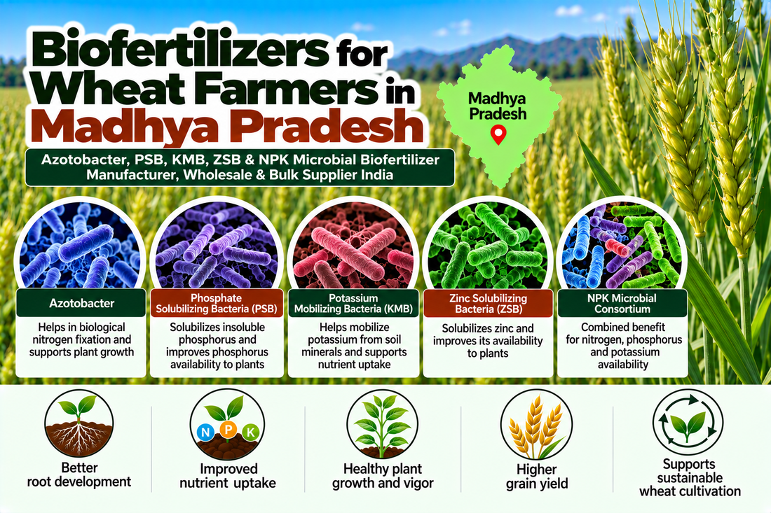 Biofertilizers for Wheat Farmers in Madhya Pradesh | Azotobacter, PSB, KMB, ZSB & NPK Microbial Biofertilizer Manufacturer, Wholesale & Bulk Supplier India