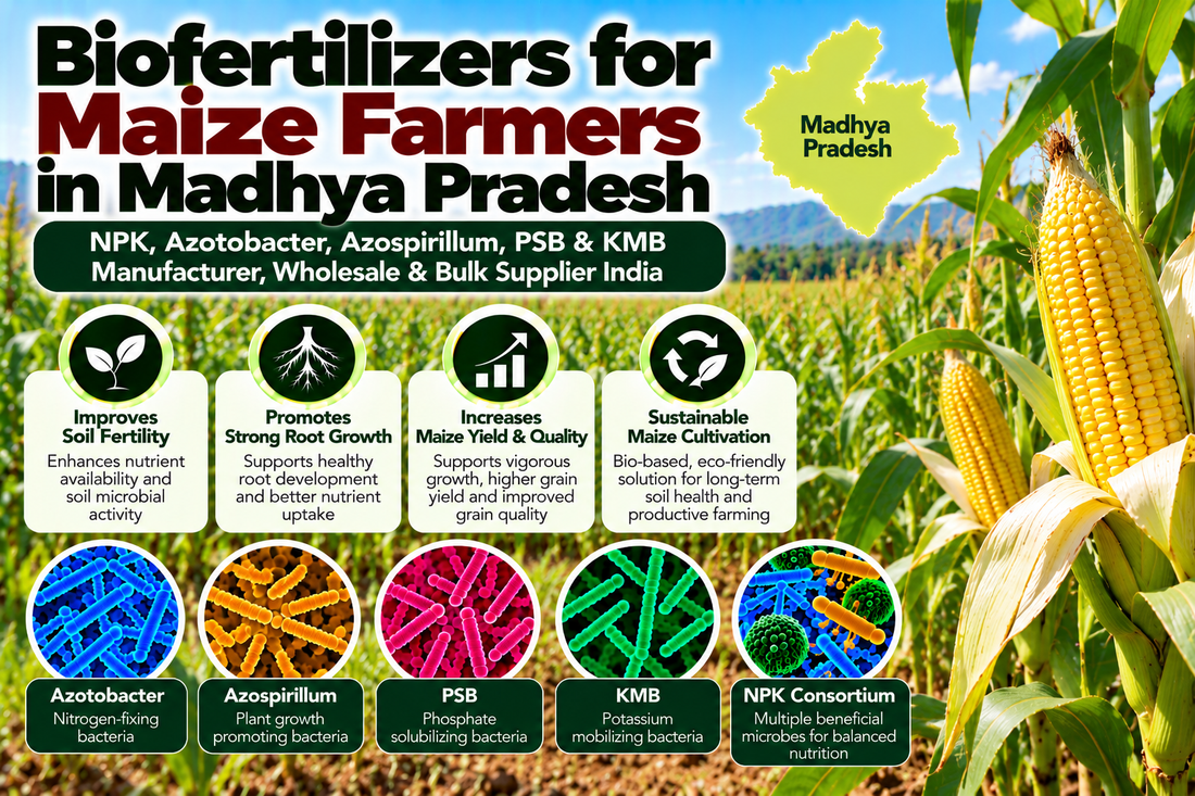Biofertilizers for Maize Farmers in Madhya Pradesh | NPK, Azotobacter, Azospirillum, PSB & KMB Manufacturer, Wholesale & Bulk Supplier India