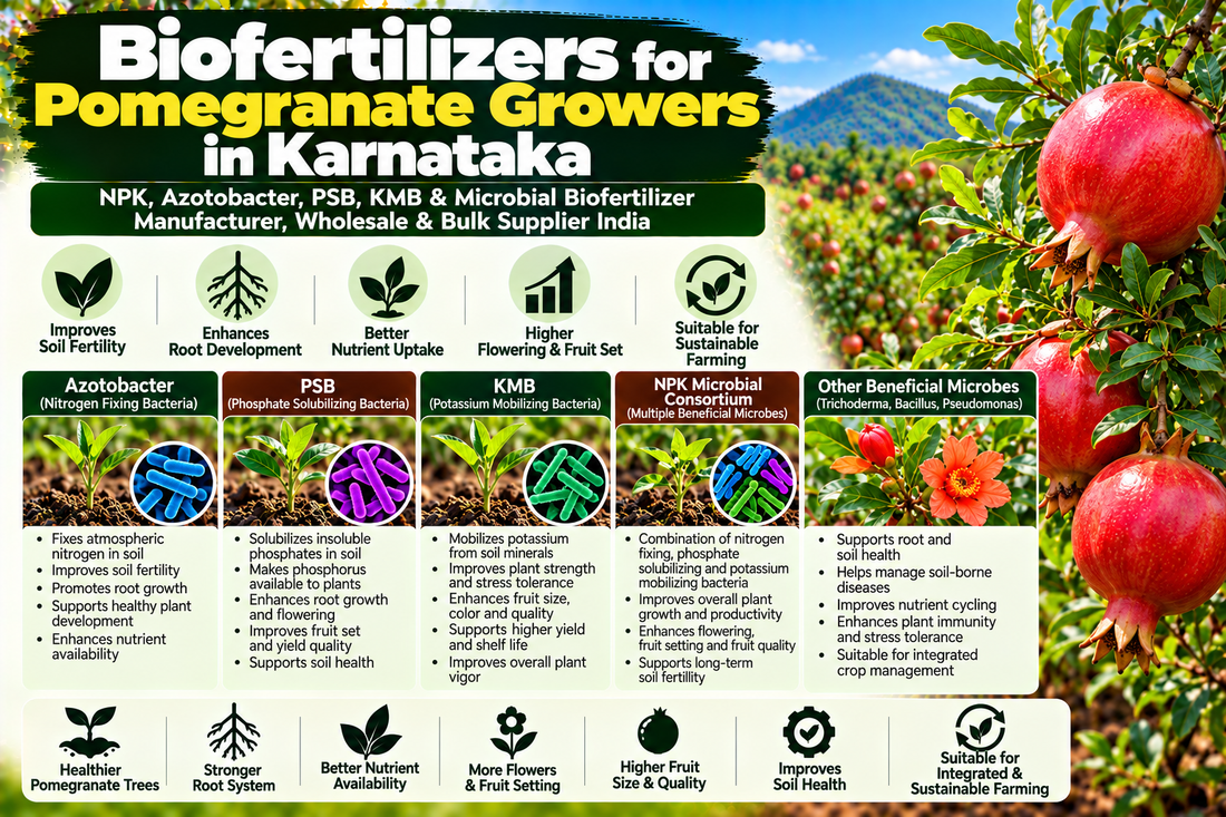 Biofertilizers for Pomegranate Growers in Karnataka | NPK, Azotobacter, PSB, KMB & Microbial Biofertilizer Manufacturer, Wholesale & Bulk Supplier India