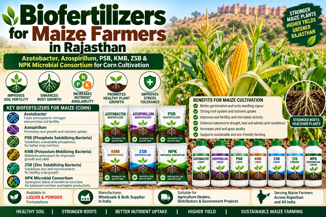 Biofertilizers for Maize Farmers in Rajasthan | Azotobacter, Azospirillum, PSB, KMB, ZSB & NPK Microbial Consortium for Corn Cultivation, Liquid & Powder Biofertilizer Manufacturer, Wholesale & Bulk Supplier India
