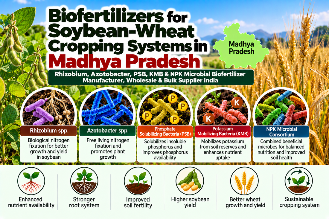 Biofertilizers for Soybean-Wheat Cropping Systems in Madhya Pradesh | Rhizobium, Azotobacter, PSB, KMB & NPK Microbial Biofertilizer Manufacturer, Wholesale & Bulk Supplier India