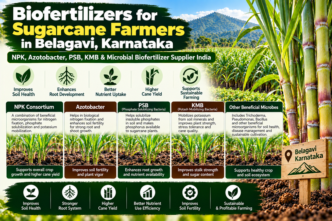 Biofertilizers for Sugarcane Farmers in Belagavi, Karnataka | NPK, Azotobacter, PSB, KMB & Microbial Biofertilizer Supplier India