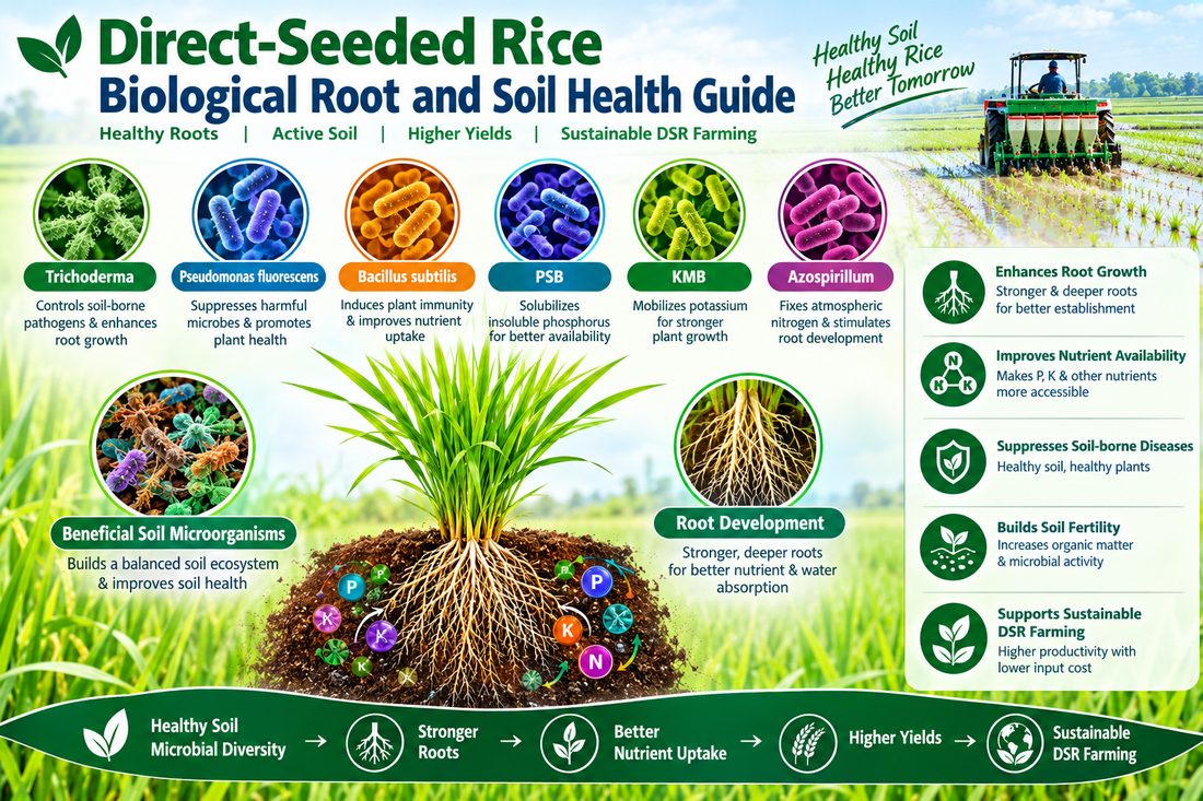 Direct-Seeded Rice Biological Root and Soil Health Guide | Trichoderma, Pseudomonas fluorescens, Bacillus subtilis, PSB, KMB, Azospirillum, Beneficial Soil Microorganisms, Root Development & Sustainable DSR Farming – Bactostore India