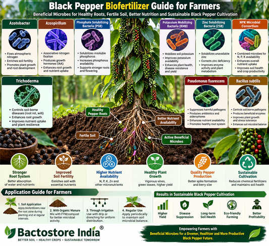 Black Pepper Biofertilizer Guide for Farmers | Azotobacter, Azospirillum, PSB, KMB, Zinc Solubilizing Bacteria, NPK Microbial Consortium, Trichoderma, Pseudomonas fluorescens and Bacillus subtilis