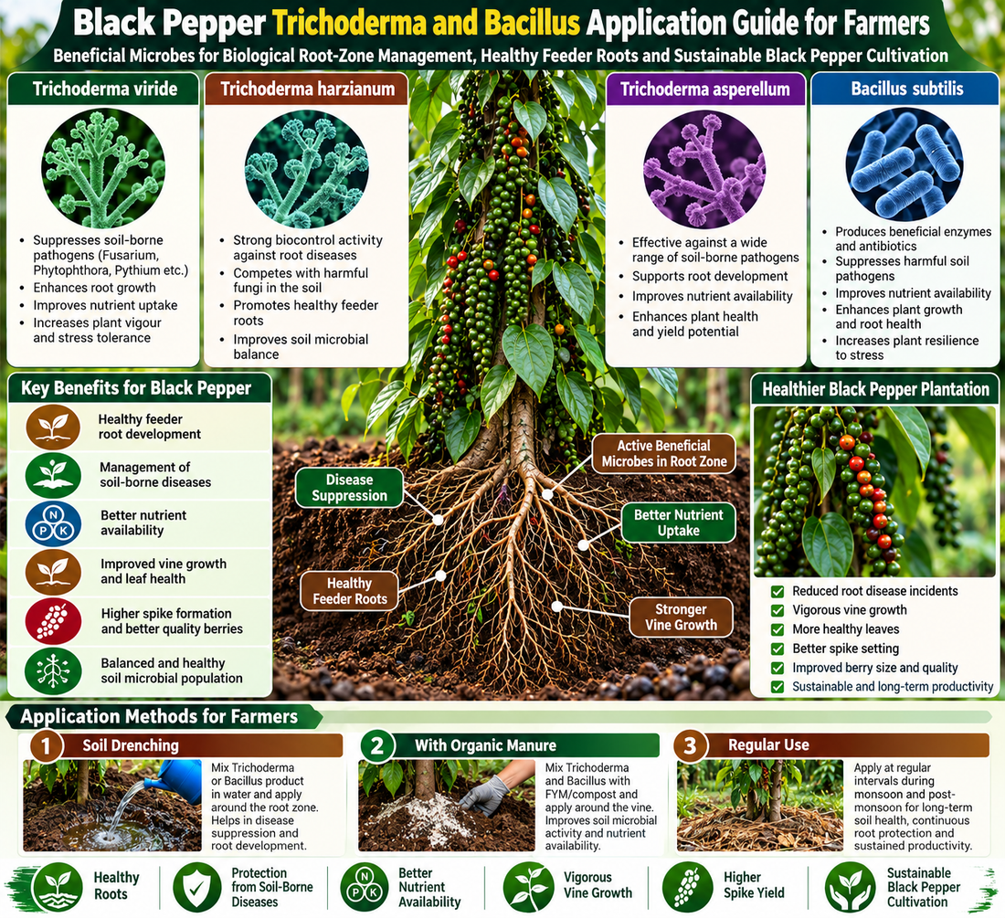 Black Pepper Trichoderma and Bacillus Application Guide for Farmers | Trichoderma viride, Trichoderma harzianum, Trichoderma asperellum and Bacillus subtilis