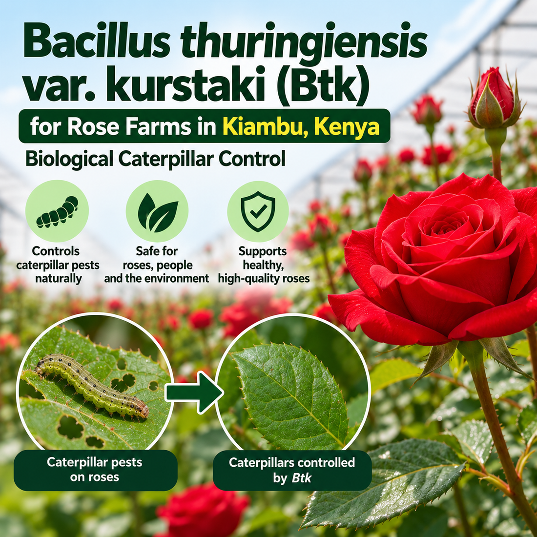 Bacillus thuringiensis var. kurstaki (Btk) for Rose Farms in Kiambu, Kenya | Biological Caterpillar Control | Peak Laboratories India