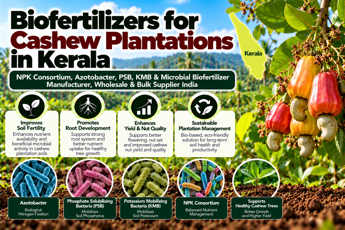 Biofertilizers for Cashew Plantations in Kerala | NPK Consortium, Azotobacter, PSB, KMB & Microbial Biofertilizer Manufacturer, Wholesale & Bulk Supplier India