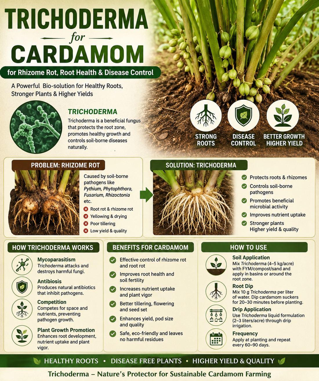 Trichoderma for Cardamom: Natural Biofungicide for Rhizome Rot, Root Rot Control & Higher Capsule Yield