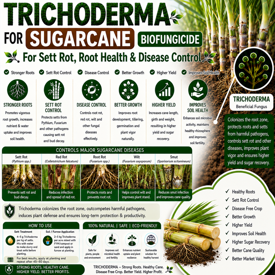 Trichoderma for Sugarcane: Natural Biofungicide for Sett Rot, Root Rot Control & Higher Cane Yield