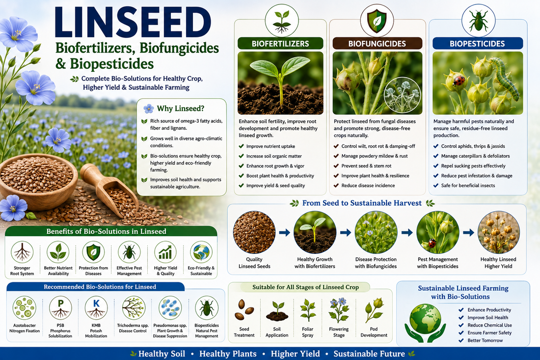 Linseed (Flaxseed) Biofertilizers, Biofungicides & Biopesticides for Higher Seed Yield and Oil Quality