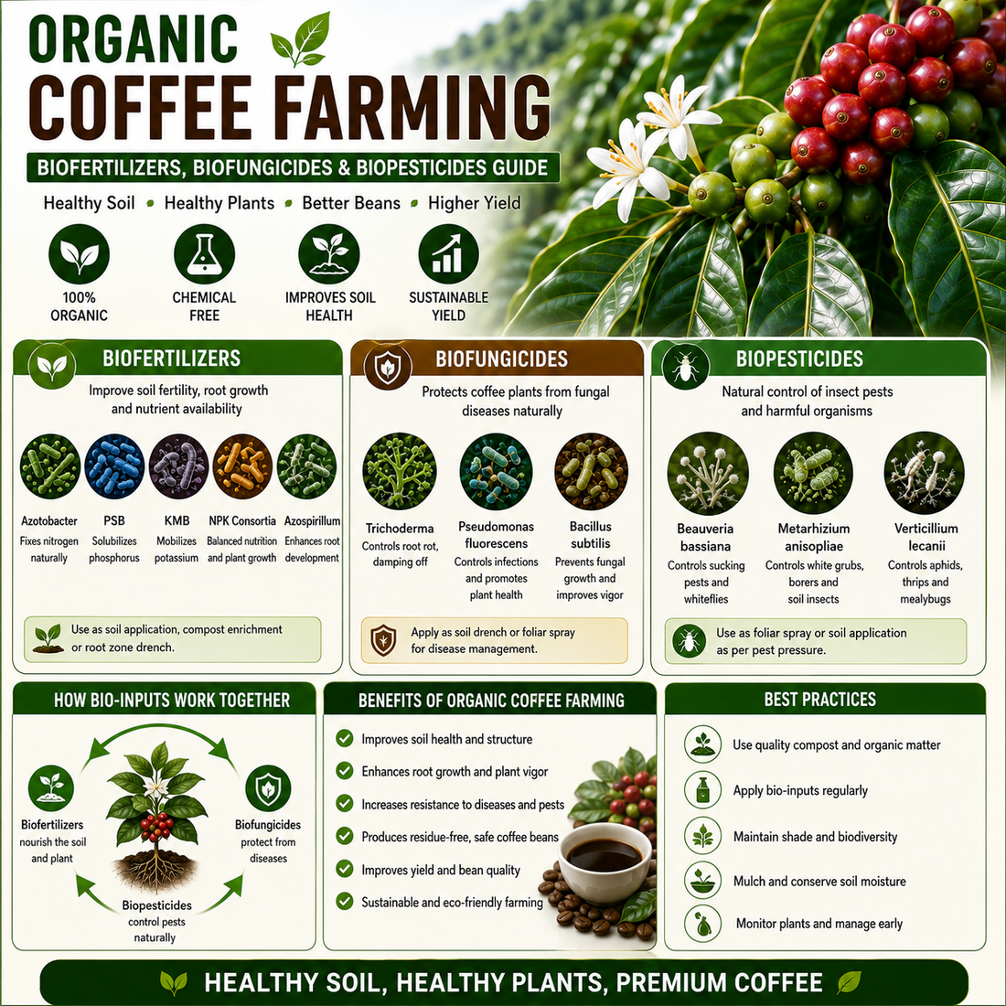 Organic Coffee Farming with Biofertilizers, Biofungicides & Biopesticides: Complete Guide for Higher Yield and Premium Bean Quality