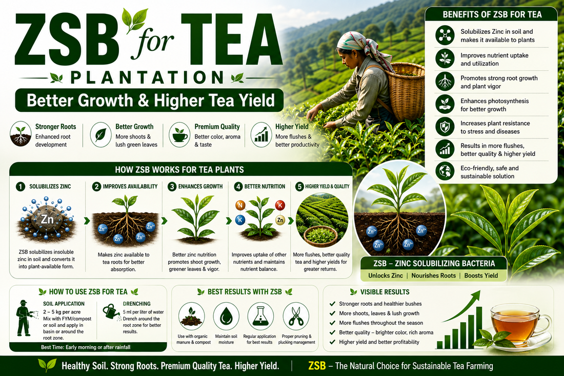 Zinc Solubilizing Bacteria (ZSB) for Tea Growth: Improve Leaf Development, Chlorophyll and Tea Yield Naturally