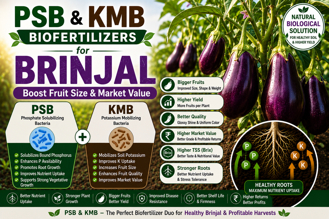 Unlocking Peak Brinjal Yields: How PSB & KMB Biofertilizers Drive Flower Retention, Fruit Weight, Skin Shine, and Shelf Life