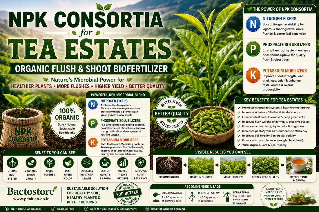 Maximizing Flush Yield, Polyphenol & Catechin Concentration, and MRL Compliance in Export Tea Estates via High-CFU NPK Bio-Consortia Soil Fertigation