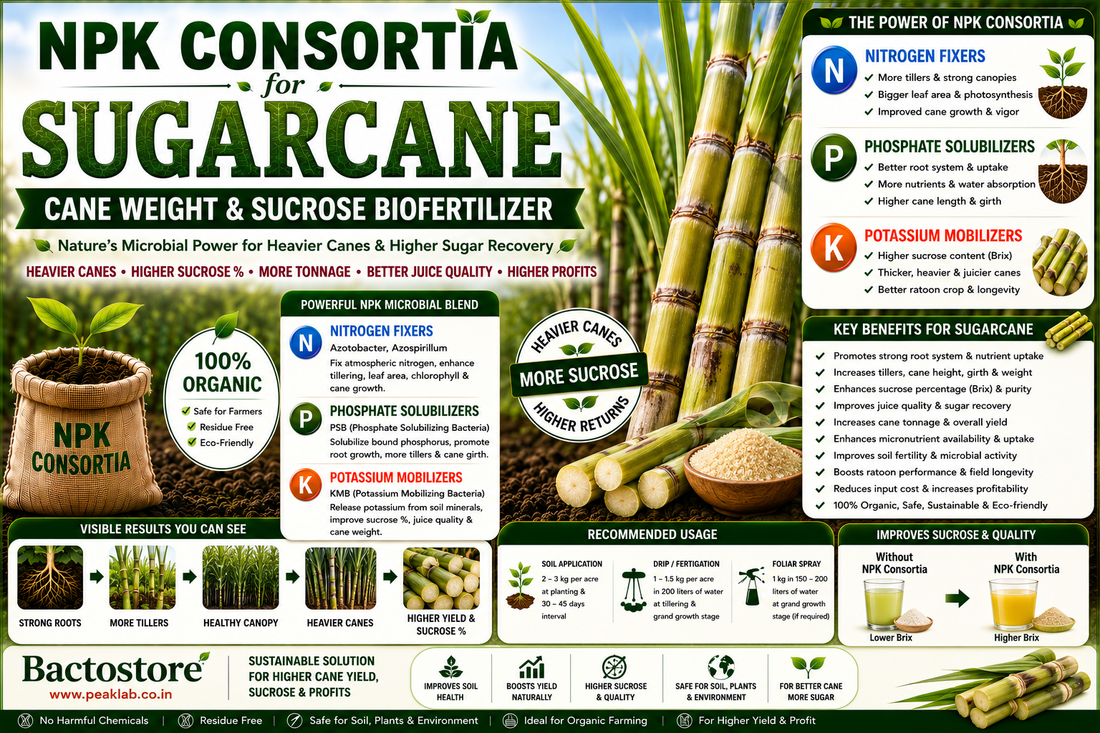 Maximizing Cane Girth, Internode Length, Sucrose Recovery Rate (CCS%), and Jaggery Export Grade via High-CFU NPK Bio-Consortia Drip Fertigation & Sett Treatment