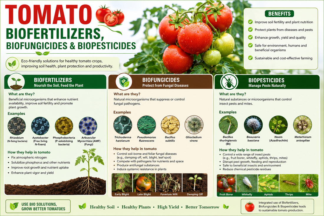 Tomato Biofertilizers, Biofungicides & Biopesticides for Higher Yield, Fruit Quality and Disease-Free Production