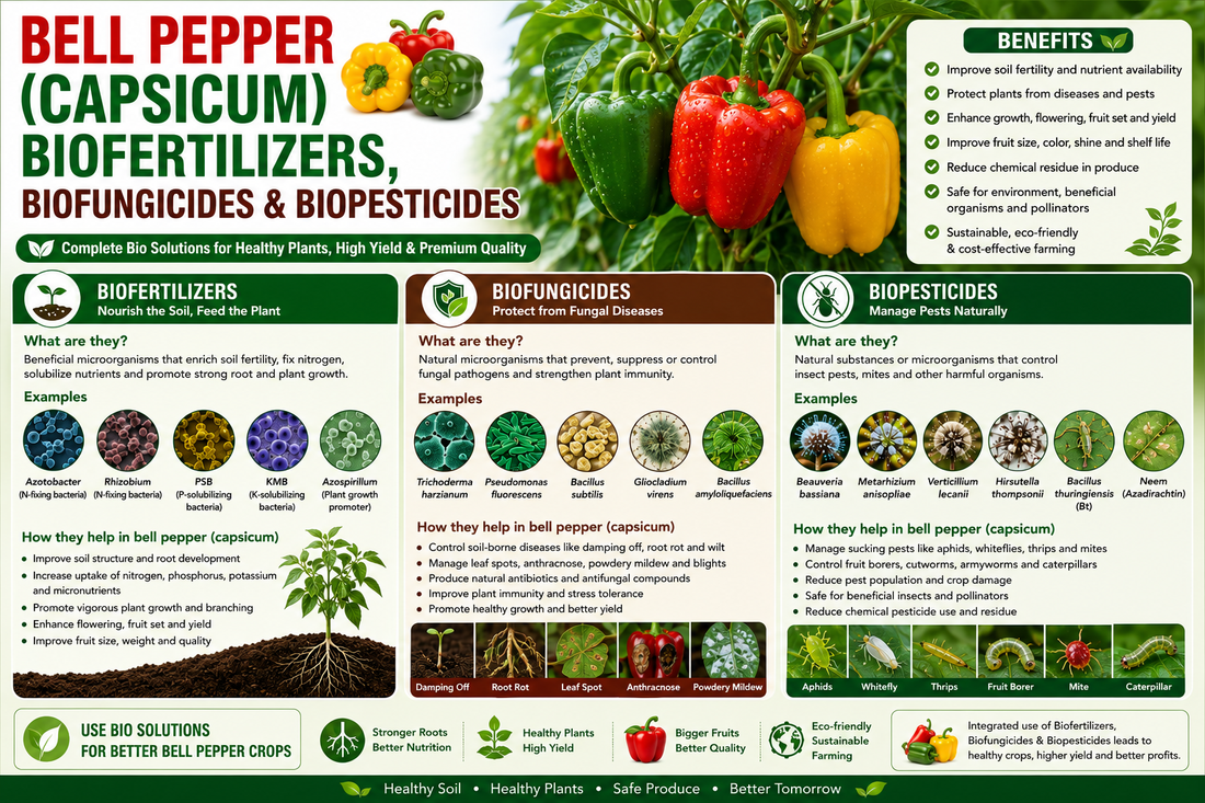 Bell Pepper (Capsicum) Biofertilizers, Biofungicides & Biopesticides for Higher Yield, Fruit Size and Premium Quality