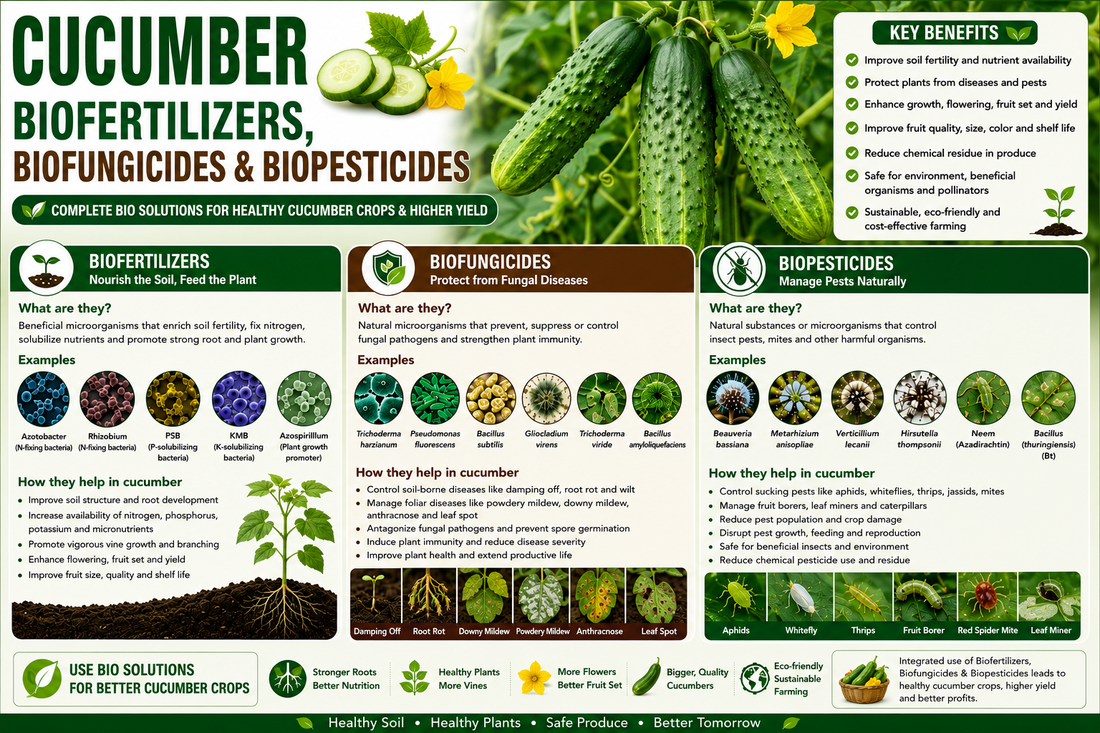 Cucumber Biofertilizers, Biofungicides & Biopesticides for Higher Yield, Fruit Quality and Sustainable Cultivation
