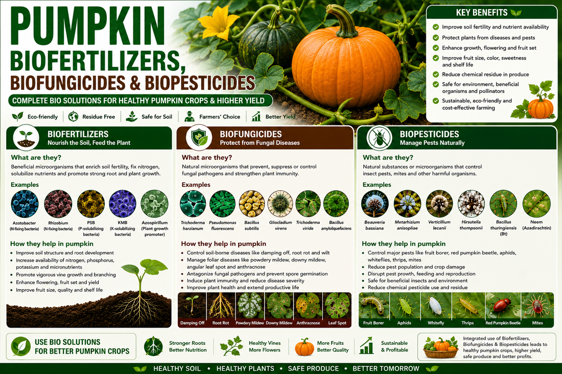 Pumpkin Biofertilizers, Biofungicides & Biopesticides for Higher Yield, Fruit Size and Superior Quality