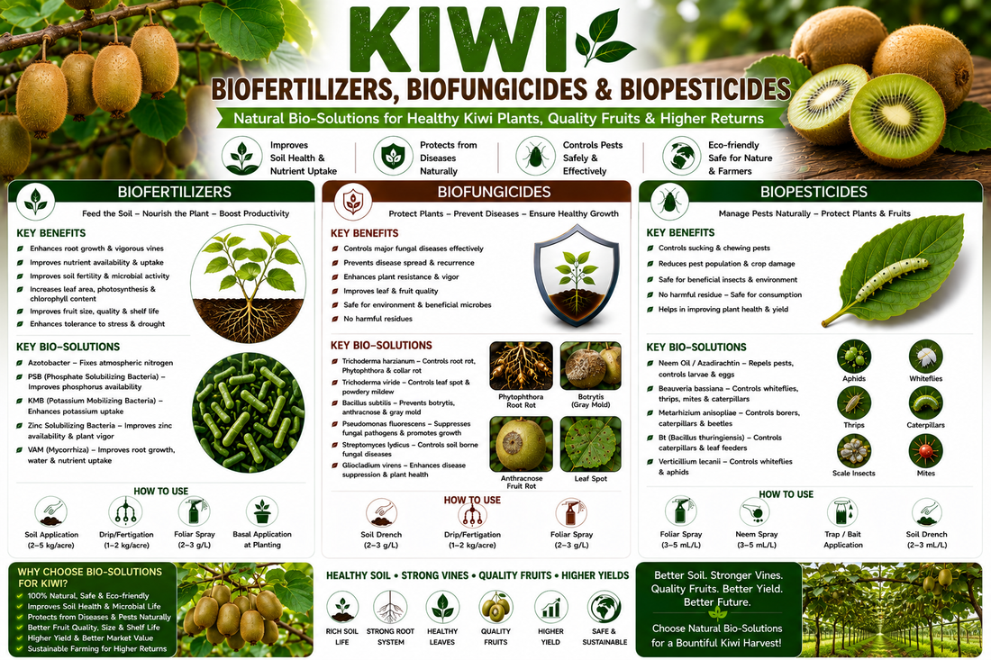 Kiwi Biofertilizers, Biofungicides & Biopesticides for Higher Fruit Yield, Sweetness and Premium Export Quality
