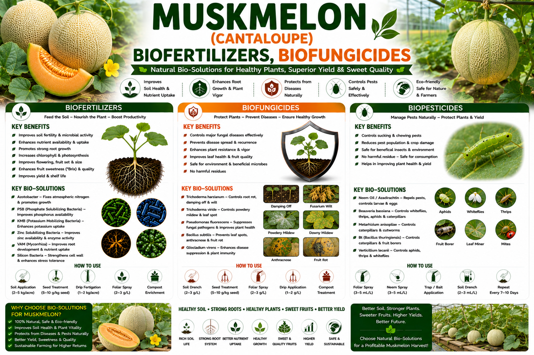 Muskmelon (Cantaloupe) Biofertilizers, Biofungicides & Biopesticides for Higher Yield, Sweetness and Export Quality