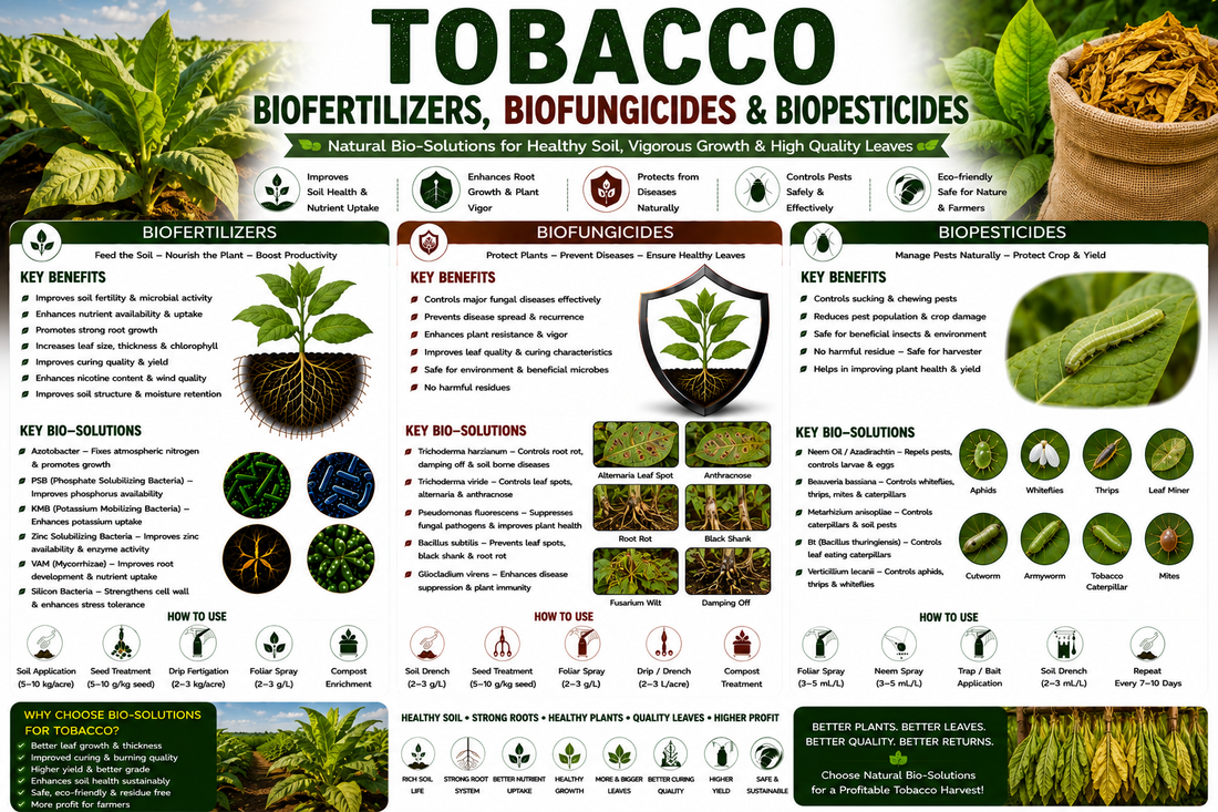 Tobacco Biofertilizers, Biofungicides & Biopesticides for Higher Leaf Yield, Leaf Quality and Sustainable Tobacco Farming