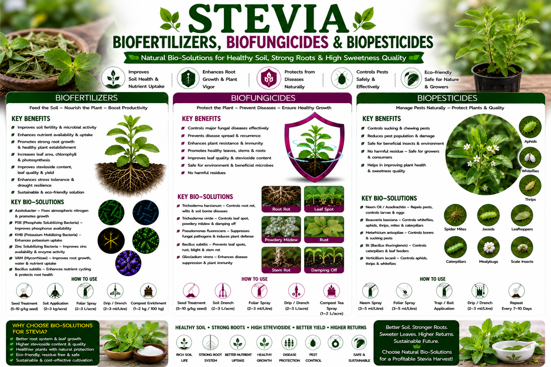 Stevia Biofertilizers, Biofungicides & Biopesticides for Higher Leaf Yield, Steviol Glycoside Content and Sustainable Cultivation