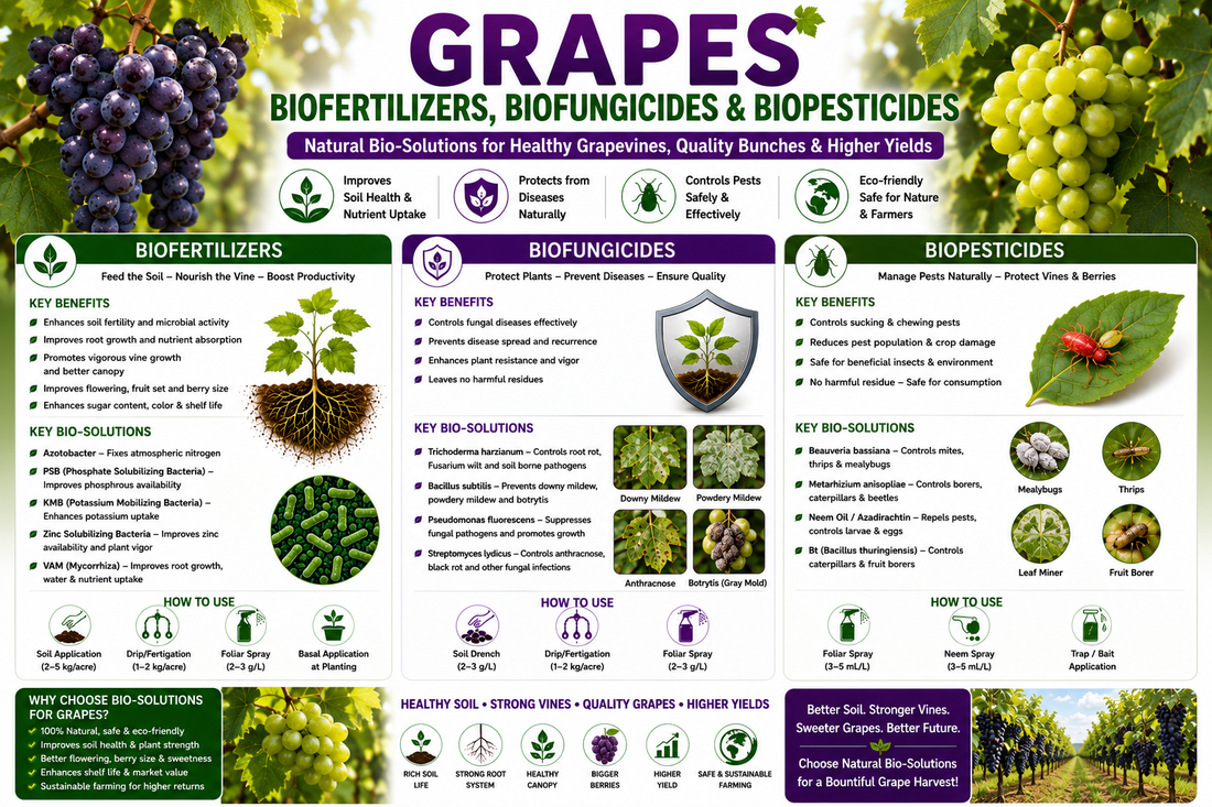Grapes Biofertilizers, Biofungicides & Biopesticides for Higher Berry Size, Brix and Export Quality