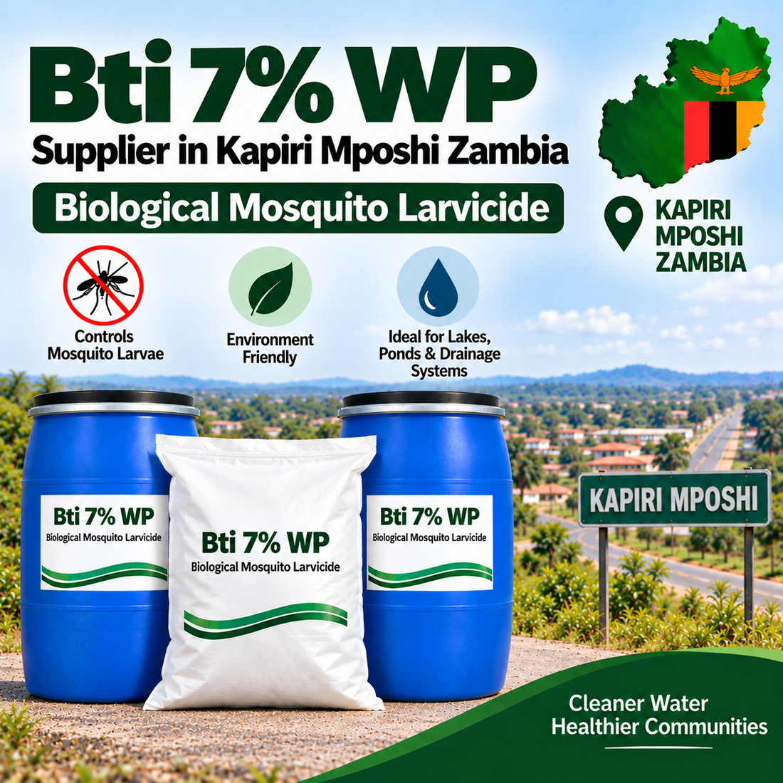 Bti 7% WP Supplier in Kapiri Mposhi Zambia | Biological Mosquito Larvicide