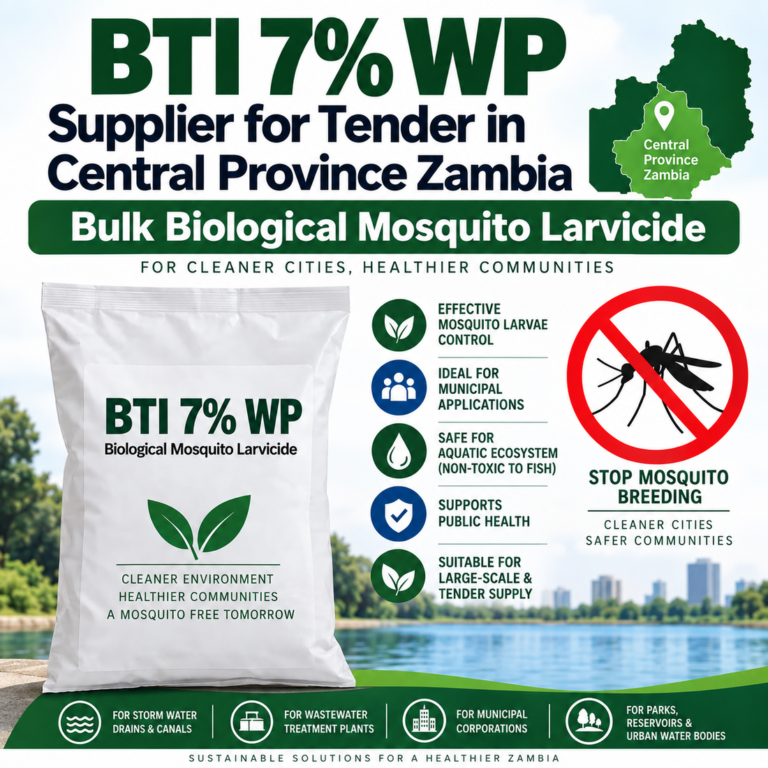 BTI 7% WP Supplier for Tender in Central Province Zambia | Bulk Biological Mosquito Larvicide