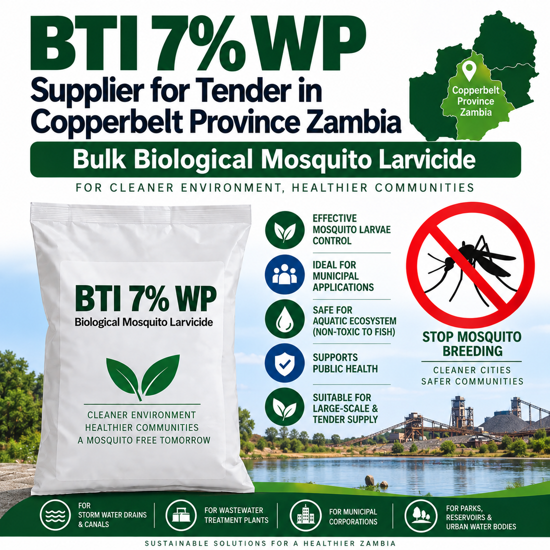 BTI 7% WP Supplier for Tender in Copperbelt Province Zambia | Bulk Biological Mosquito Larvicide