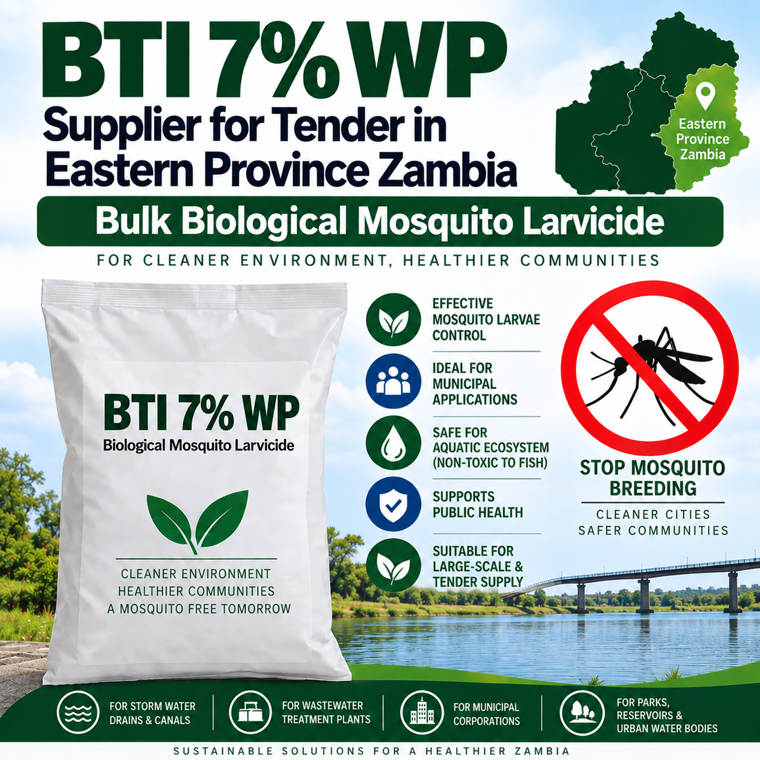 BTI 7% WP Supplier for Tender in Eastern Province Zambia | Bulk Biological Mosquito Larvicide