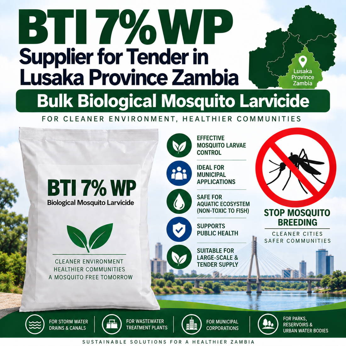 BTI 7% WP Supplier for Tender in Lusaka Province Zambia | Bulk Biological Mosquito Larvicide