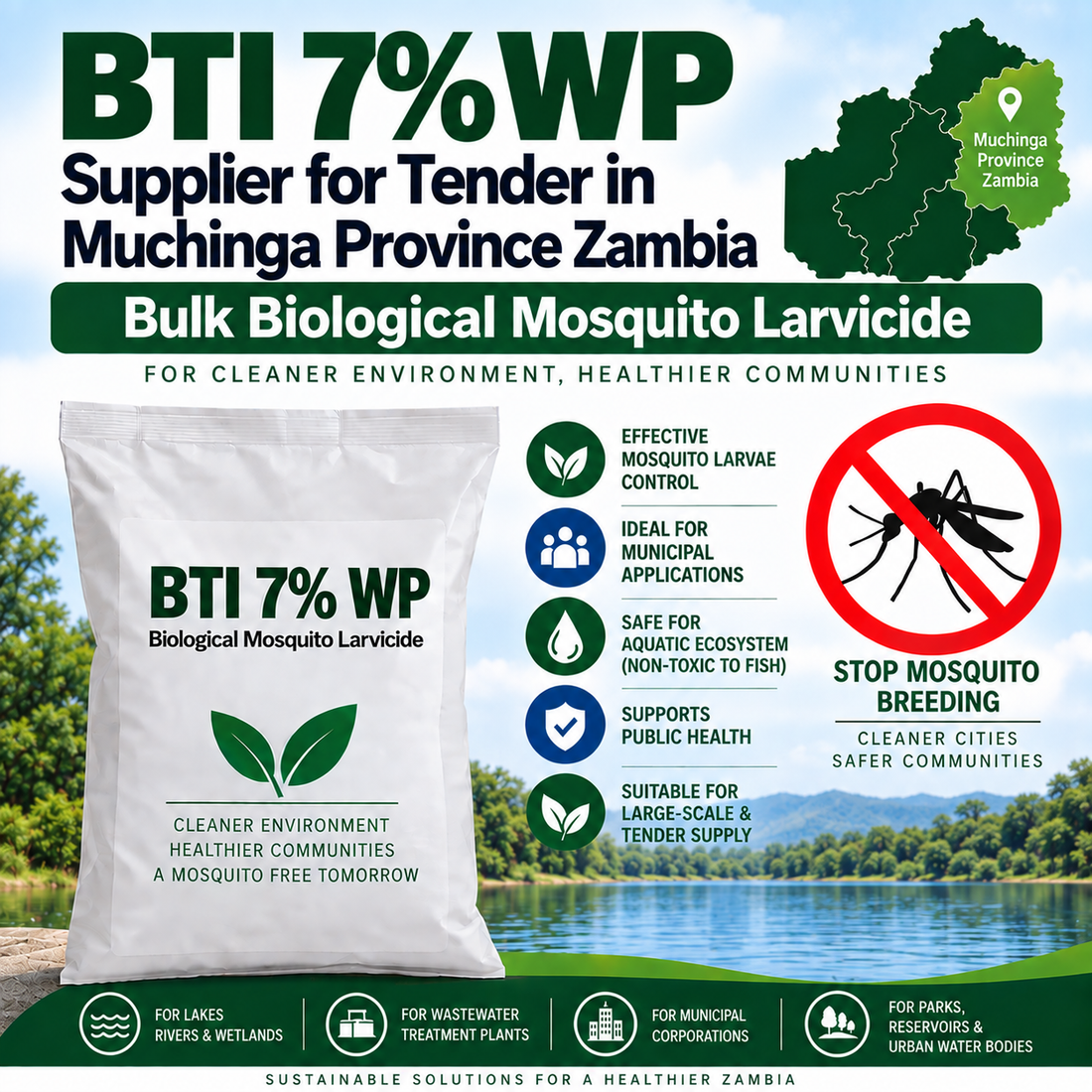 BTI 7% WP Supplier for Tender in Muchinga Province Zambia | Bulk Biological Mosquito Larvicide